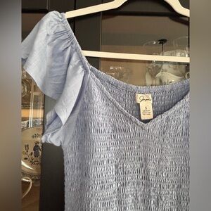 Japna Blue Jumpsuit with gathered elastic top and flutter sleeves size S pockets